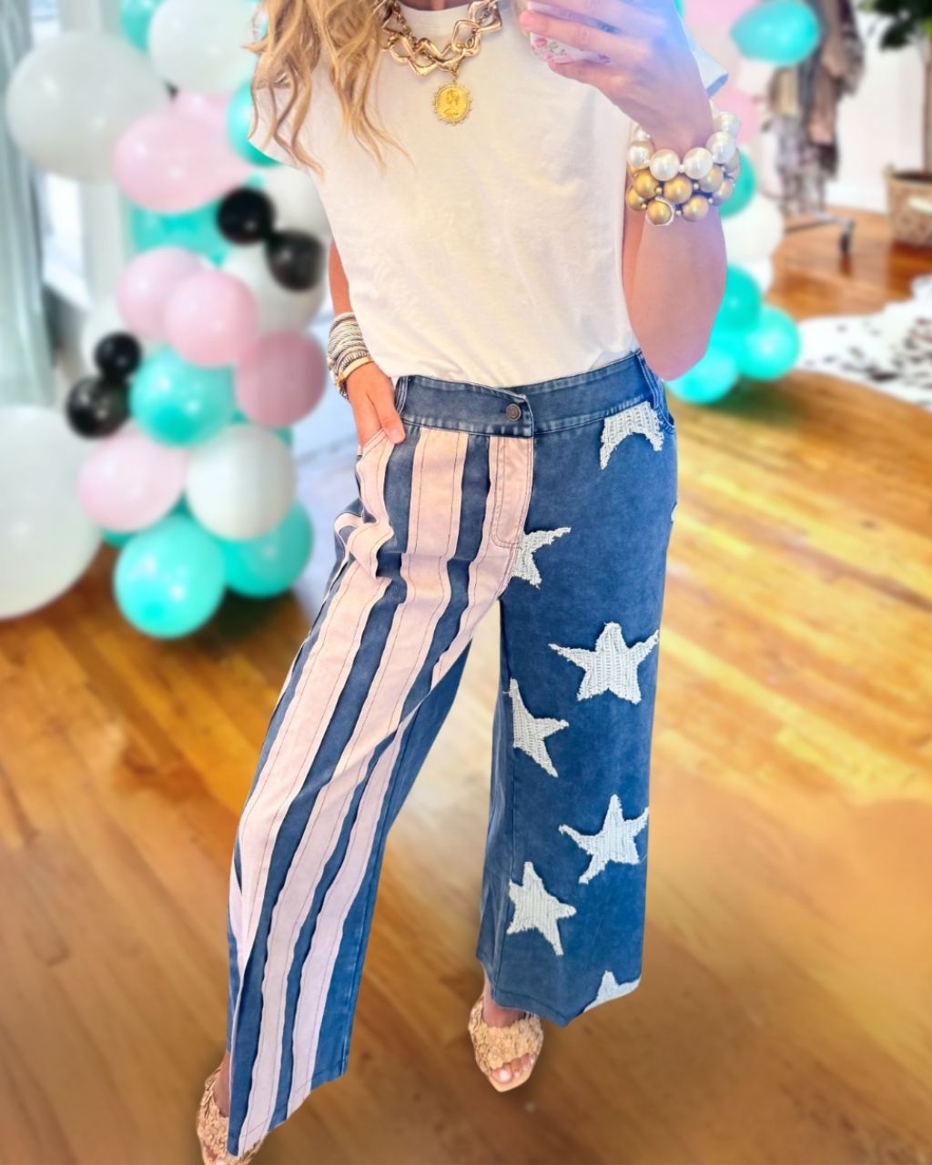 Star Striped Patch Denim Washed Pants