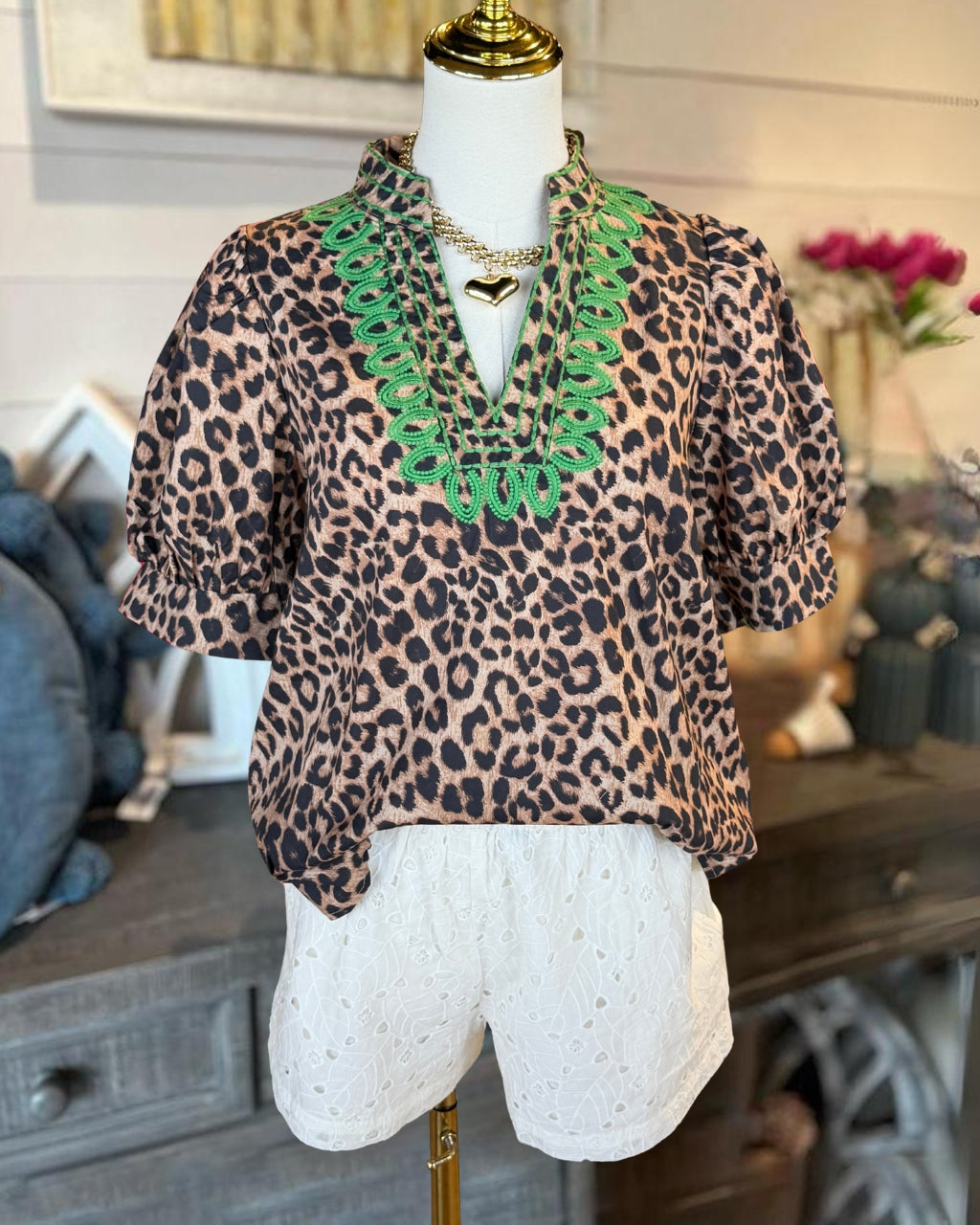 Embroidered Collar Leopard Satin Top