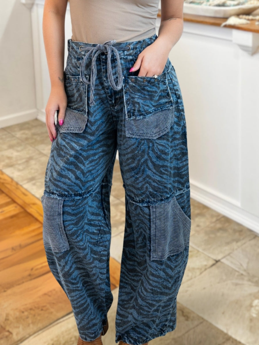 Zebra Print Denim Waffle Patchwork Pants