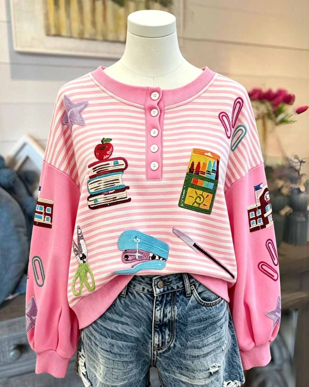 School Supplies Sequined Striped Pullover