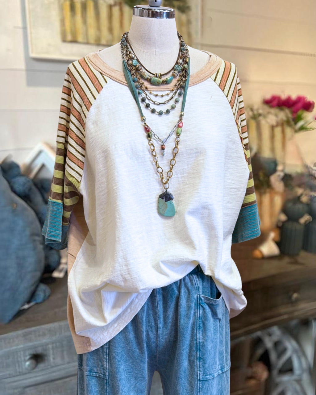 Striped Patchwork Sleeve T-shirt