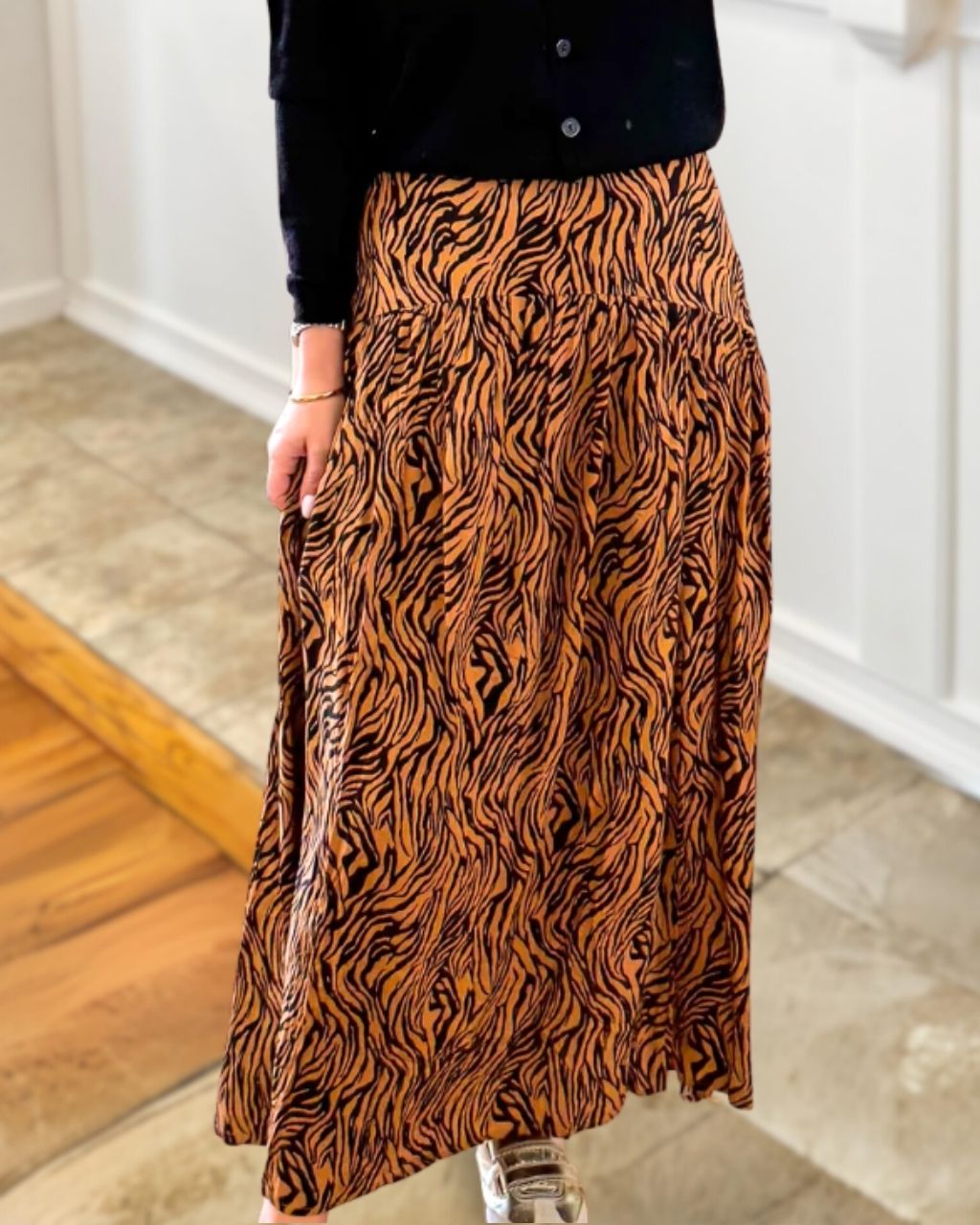 Wild Tiger Print Midi Skirt