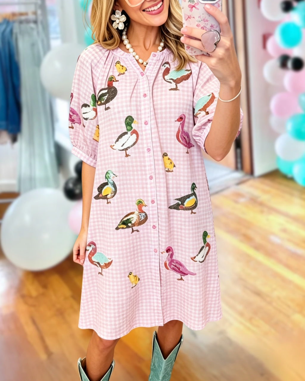 Mallard Duck Sequined Plaid Shirt Dress