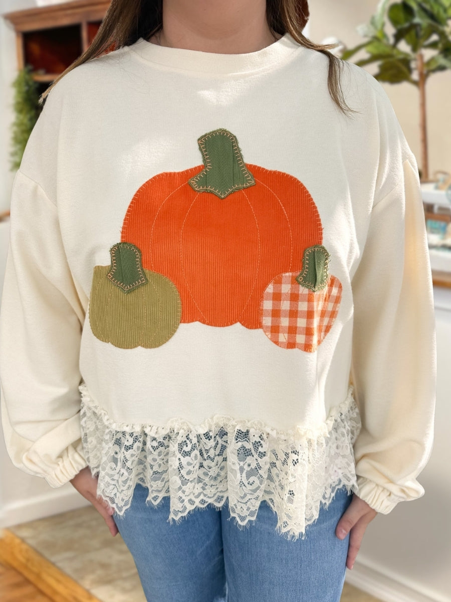 Pumpkin Embroidery Patch Lace Pullover