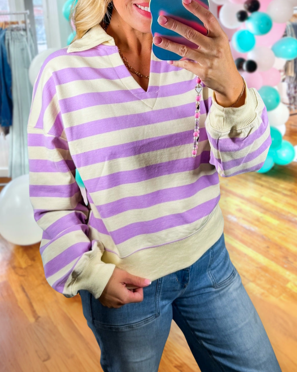 Chic Striped Polo Neck Sweatshirt