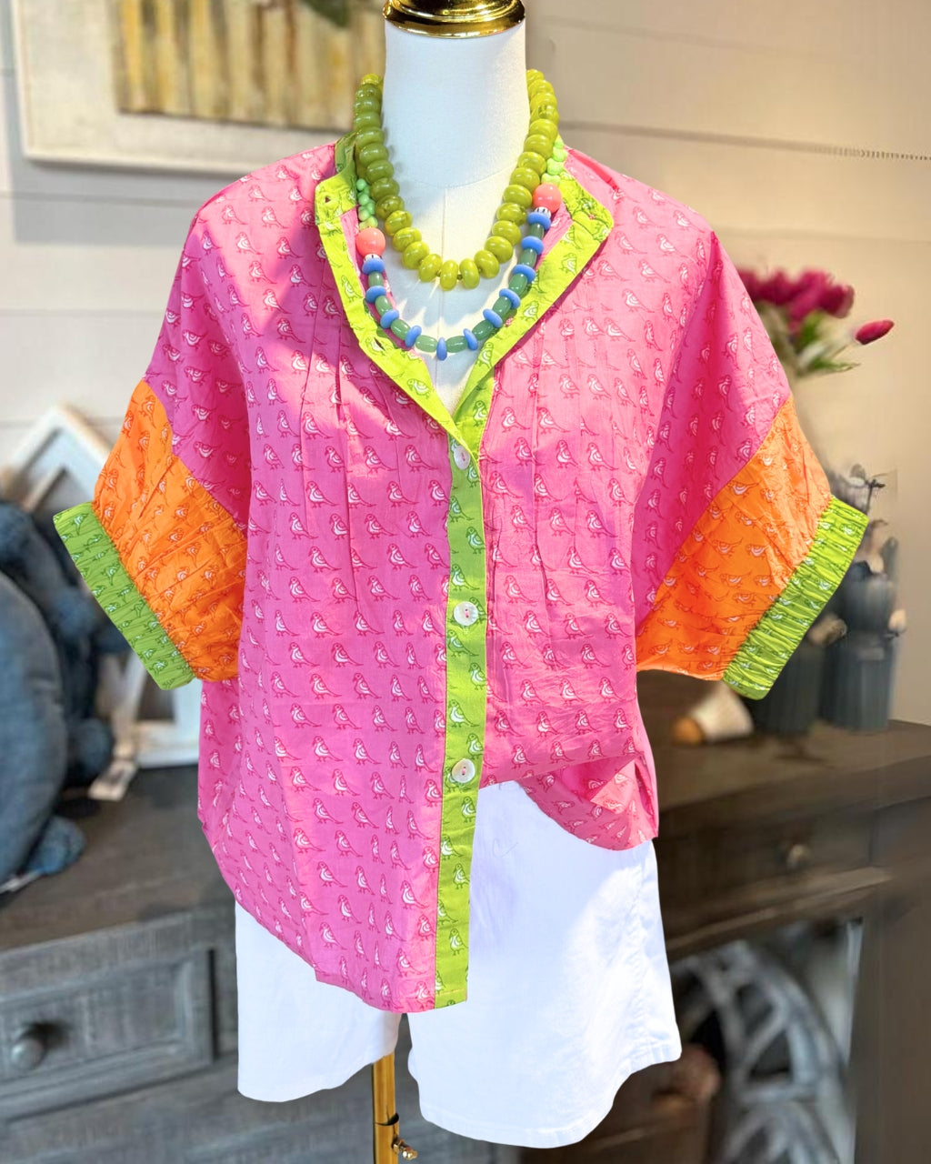 Bird Color-blocked Satin Shirt