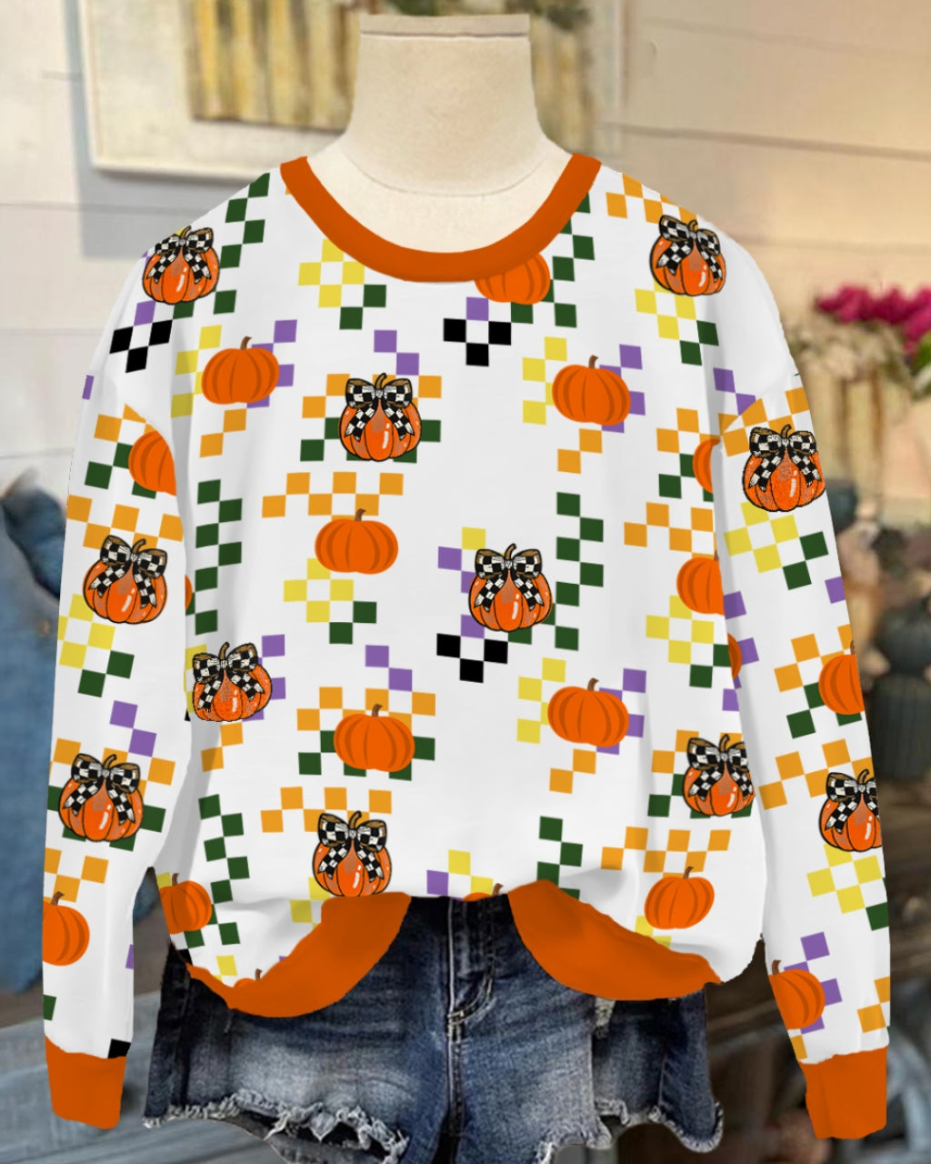 Chic Pumpkin Check Print Sweatshirt