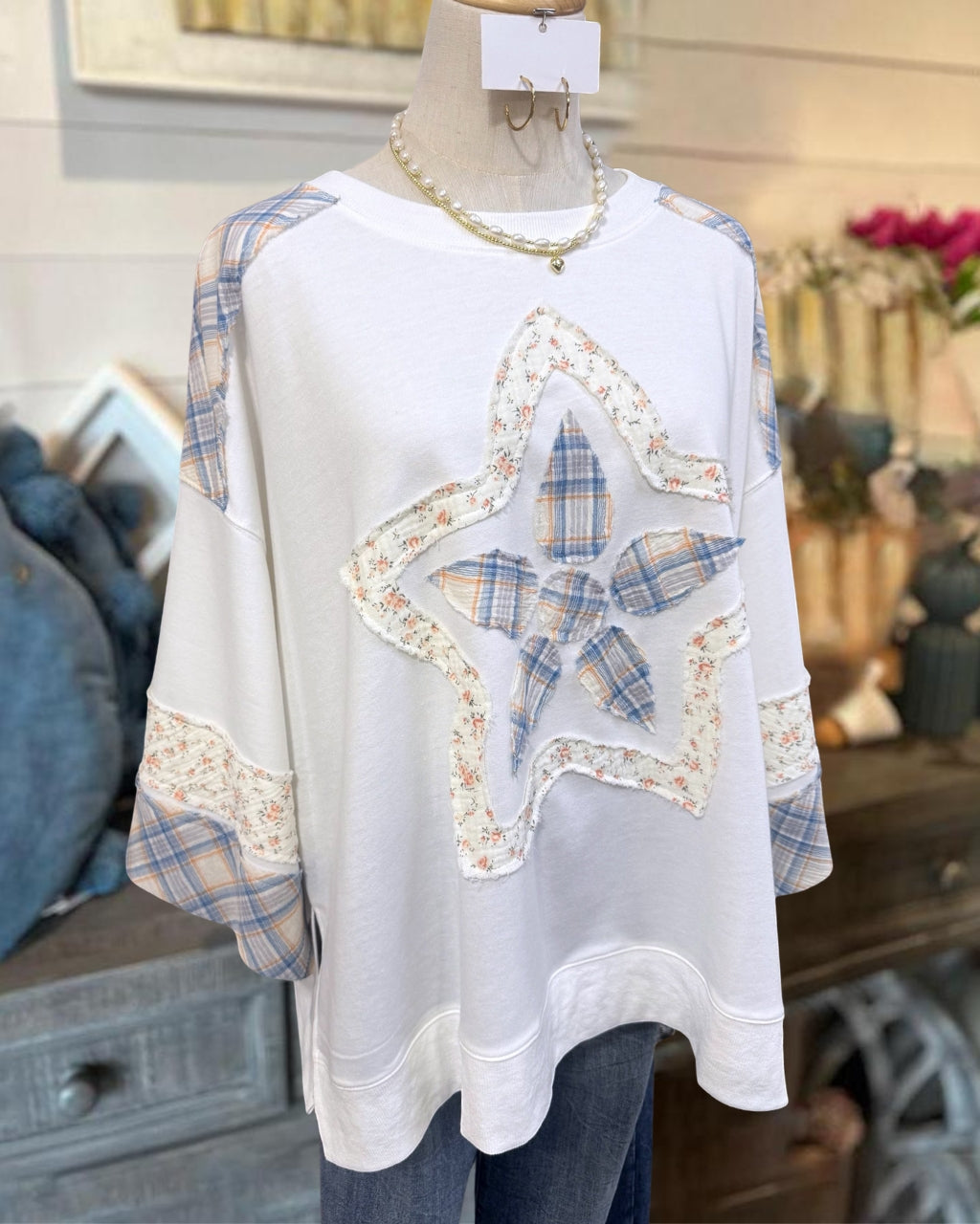 Oversized Floral Plaid Appliqué Top