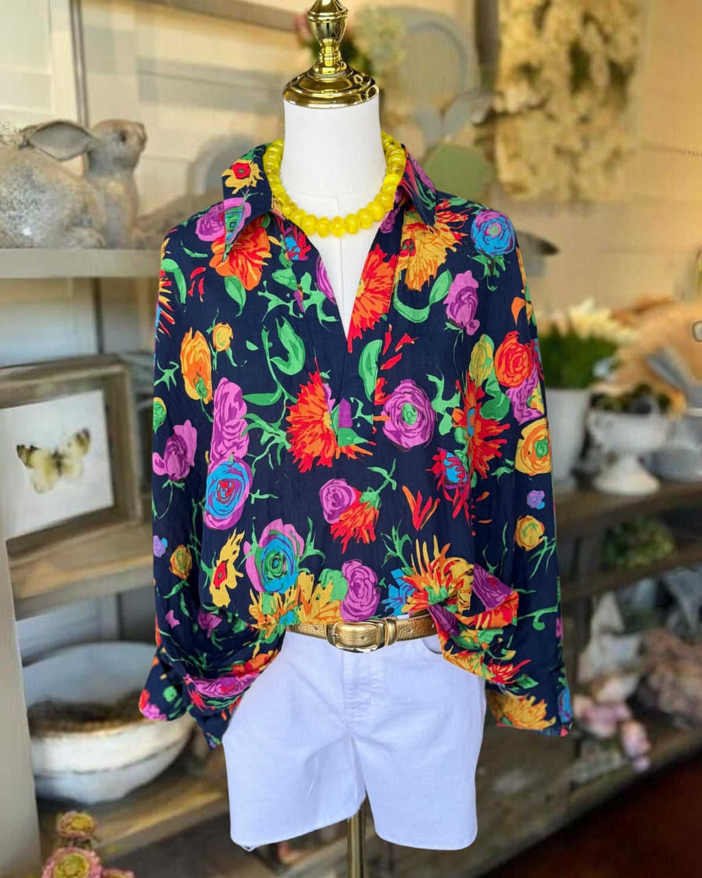Loose Fitting Colorful Floral Print Shirt