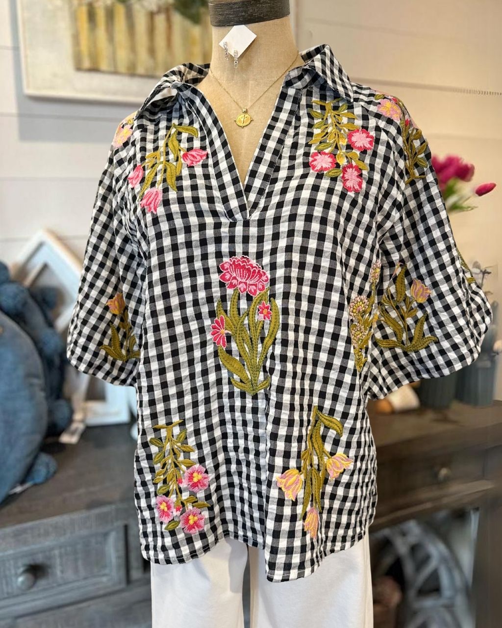 Floral Botanical Embroidered Plaid Top