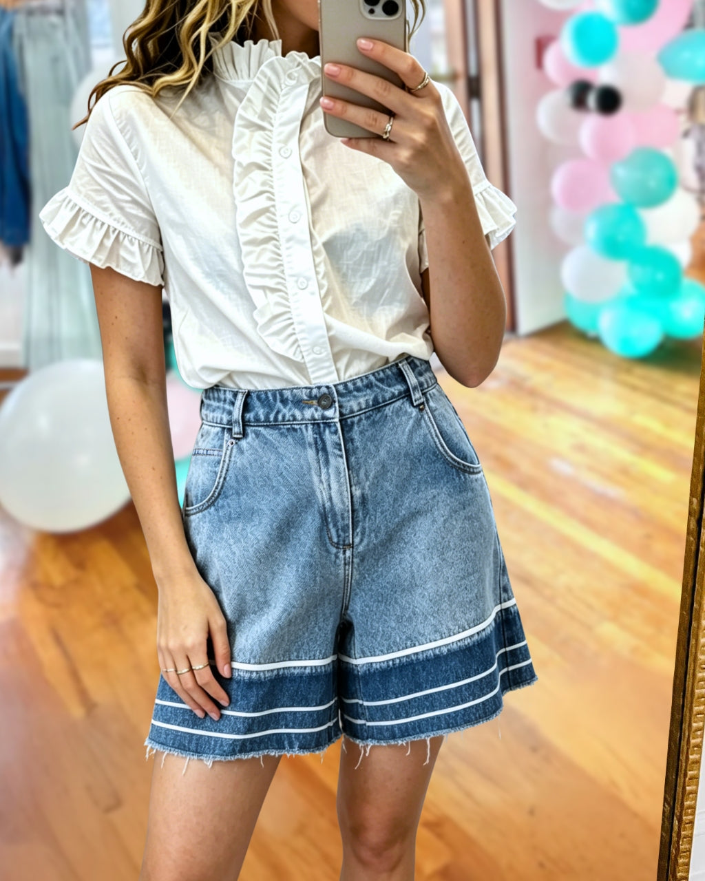 Contrast Striped Patchwork Denim Shorts