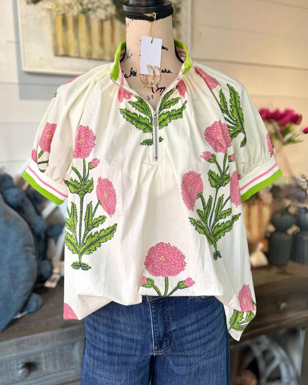Floral Striped Trim Half-Zip Top