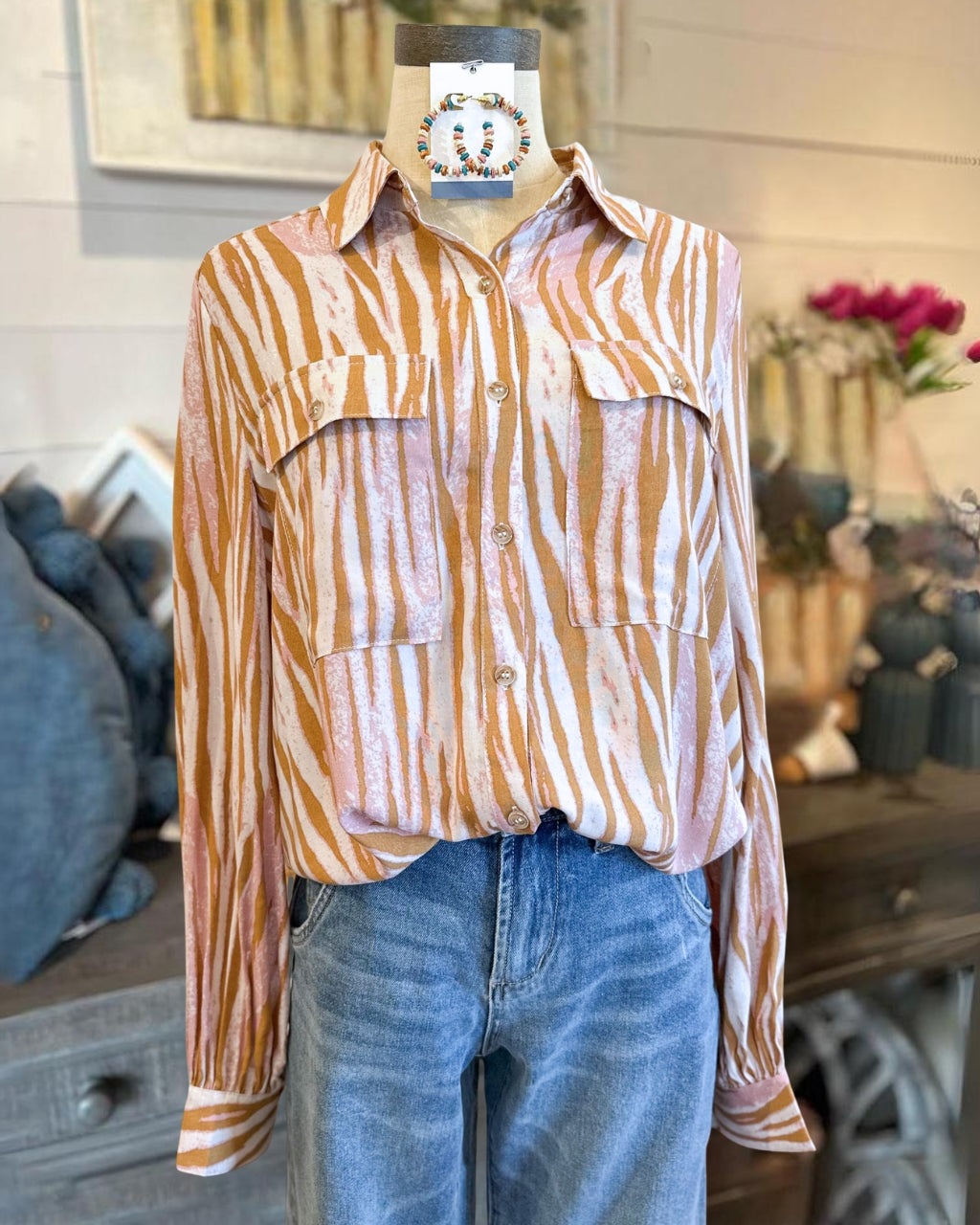 Tiger Print Button Down Shirt