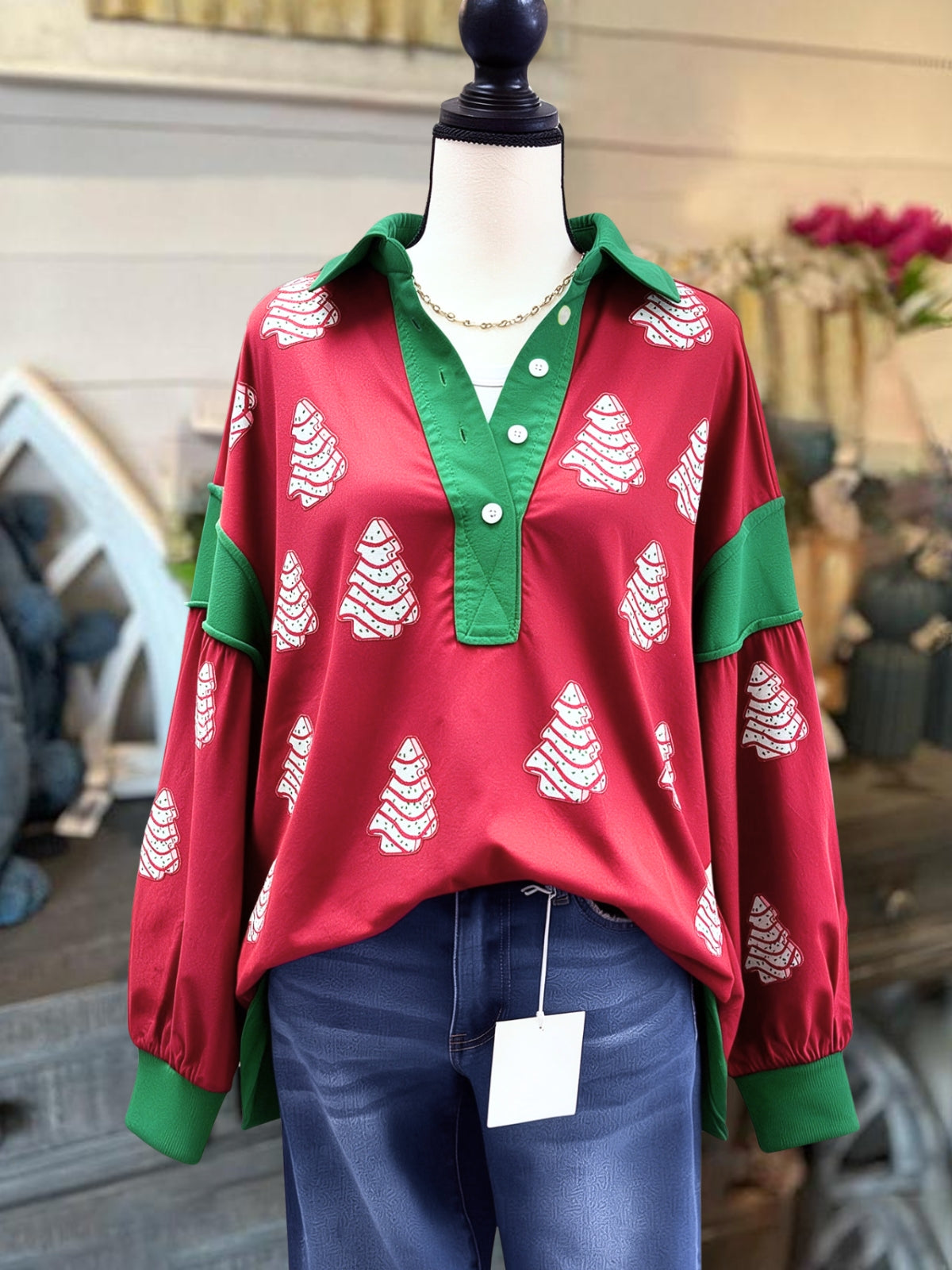 Cute 3D Christmas Tree Color Block Top