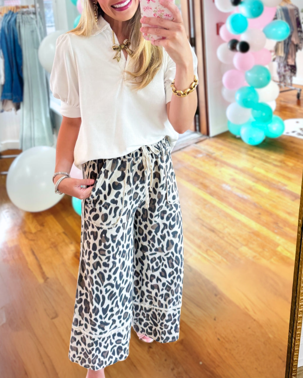 Leopard Print Terry Wide Leg Pants