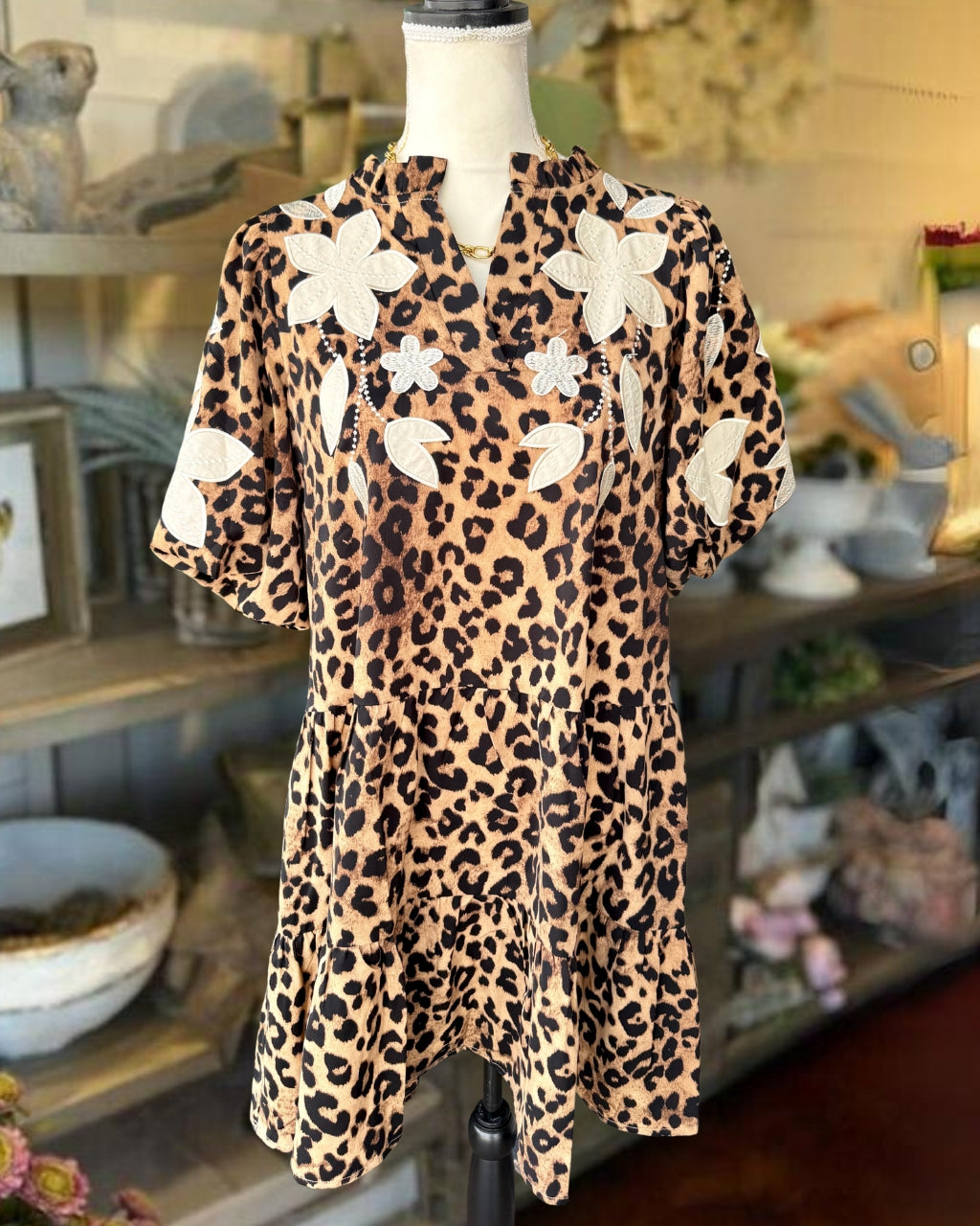 Floral Embroidered Leopard Satin Dress