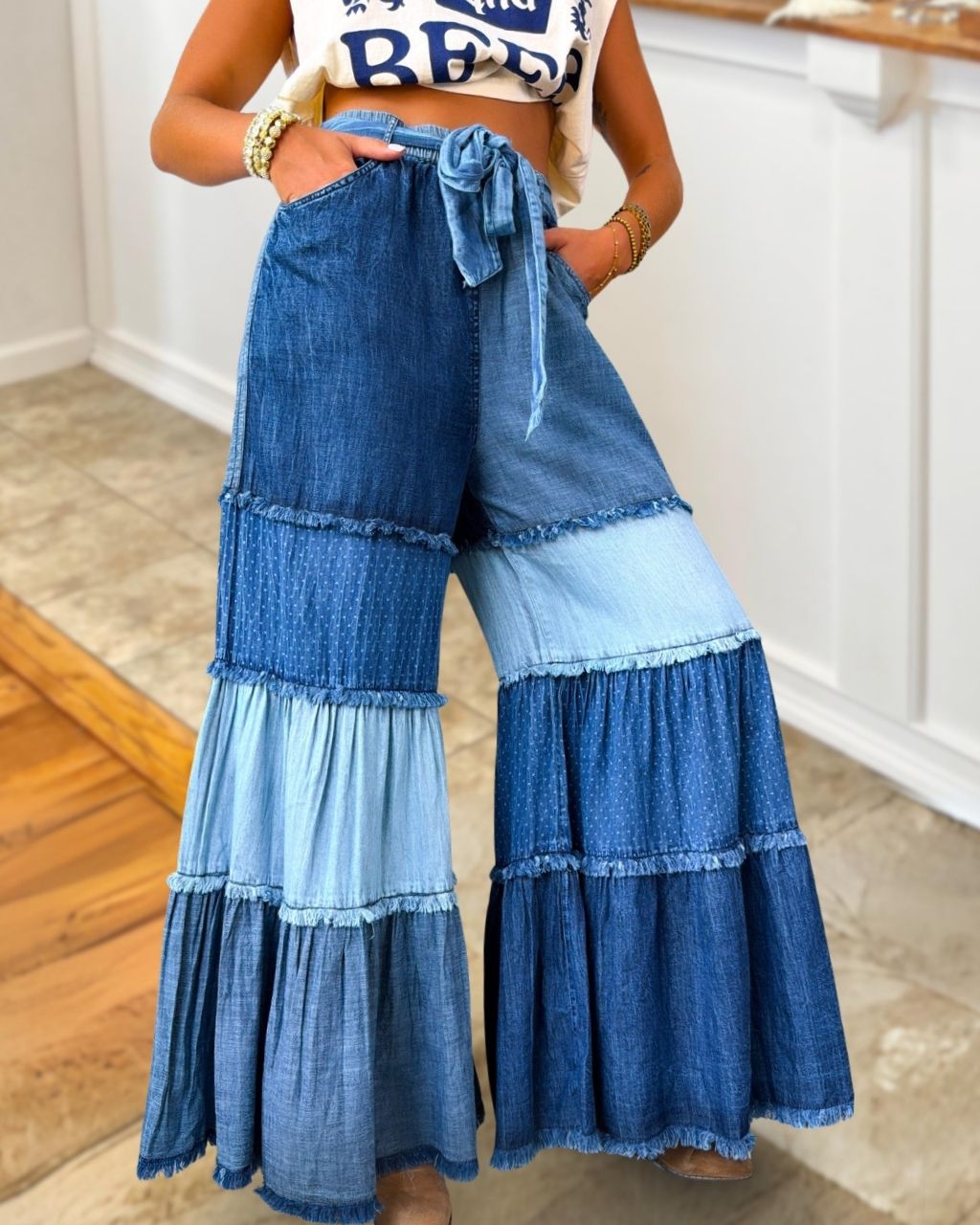 Paneled Tiered Flared Jeans