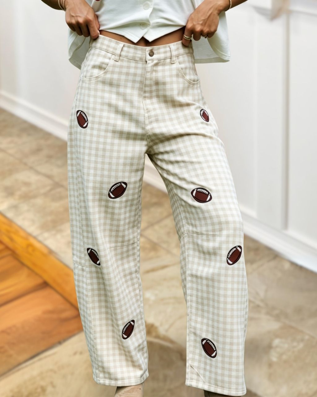 Football-embroidered Plaid Pants
