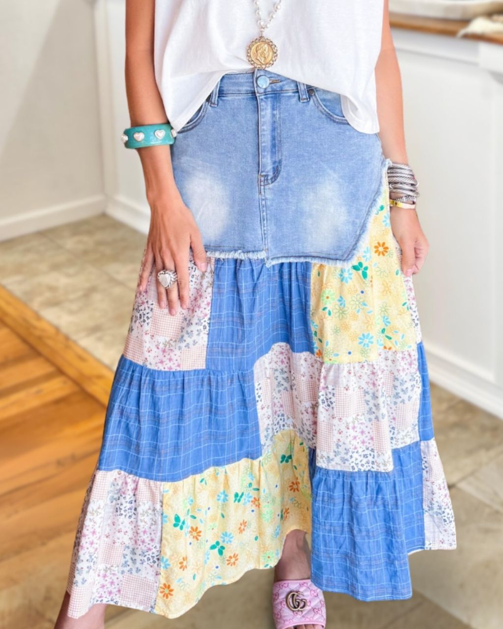 Floral Patchwork Denim Skirt