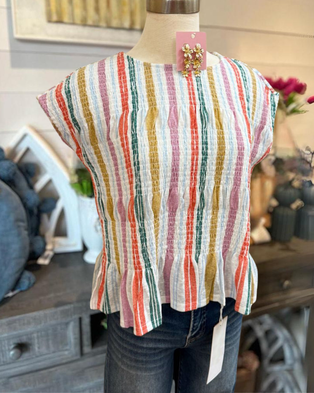 Colorful Striped Pleated Top