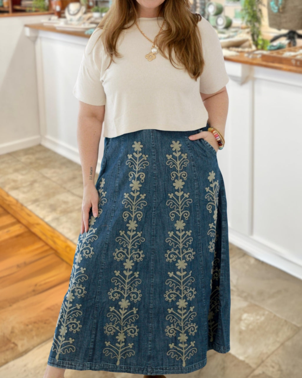 Floral Stitch Cowgirl Denim Skirt