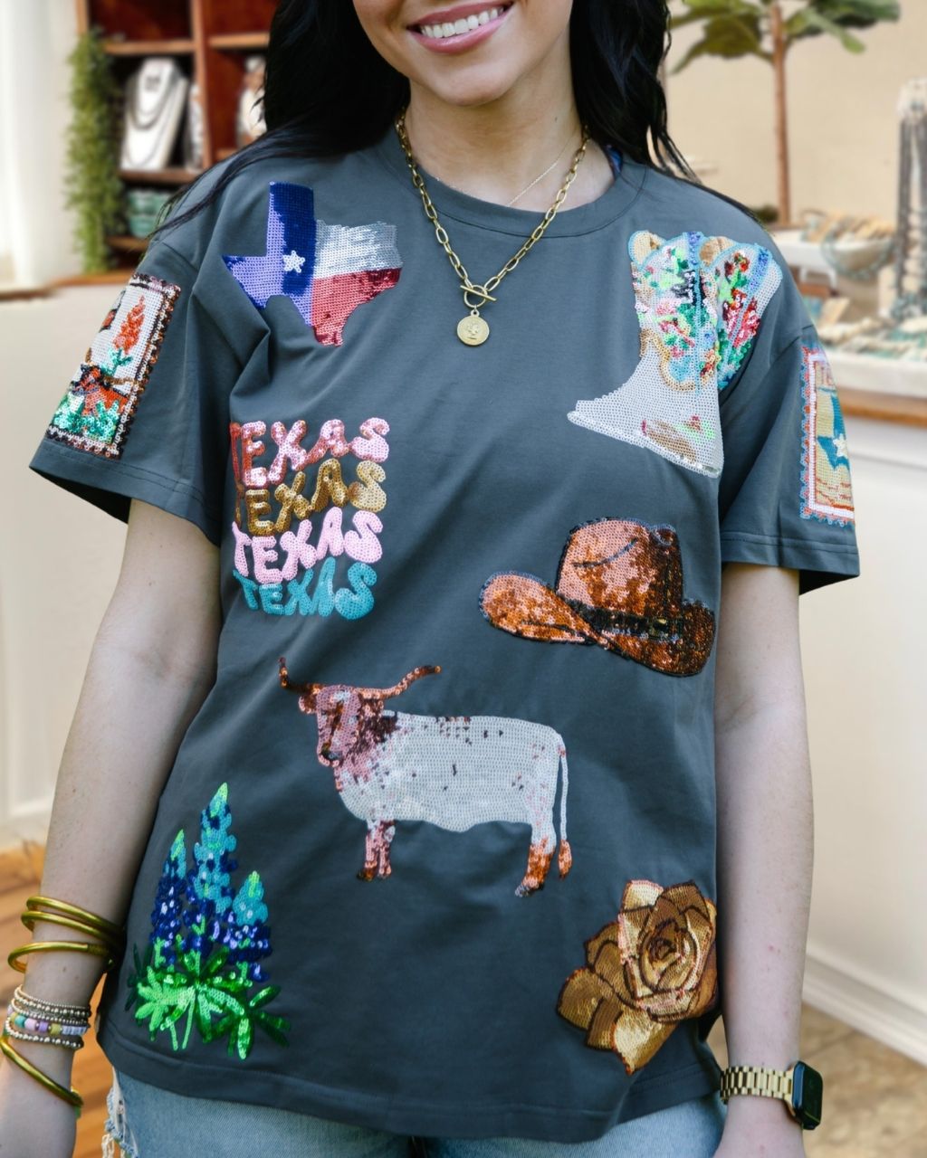 Texas-themed Sequined Patch T-shirt