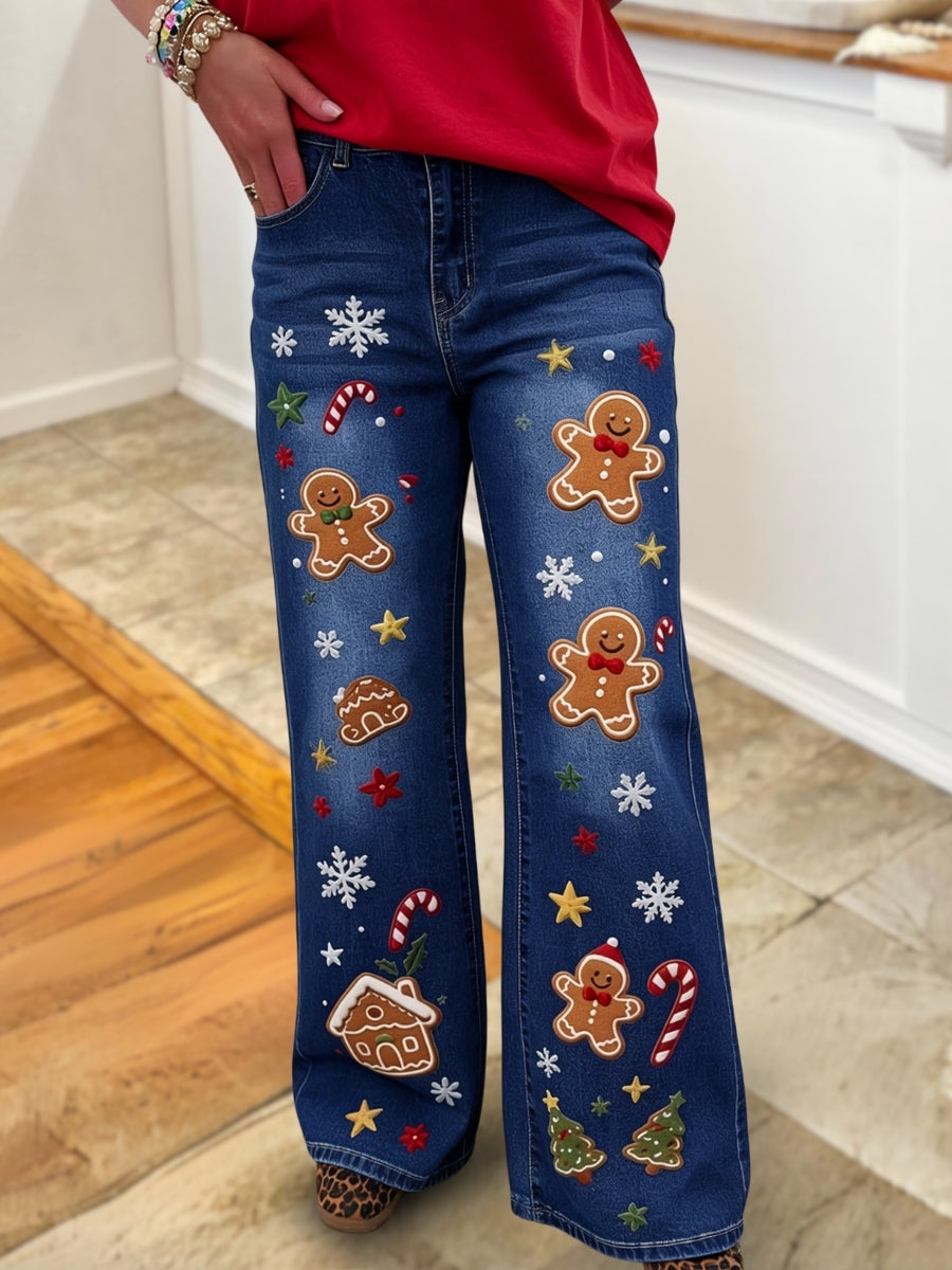 Christmas Gingerbread Man Embroidered Jeans