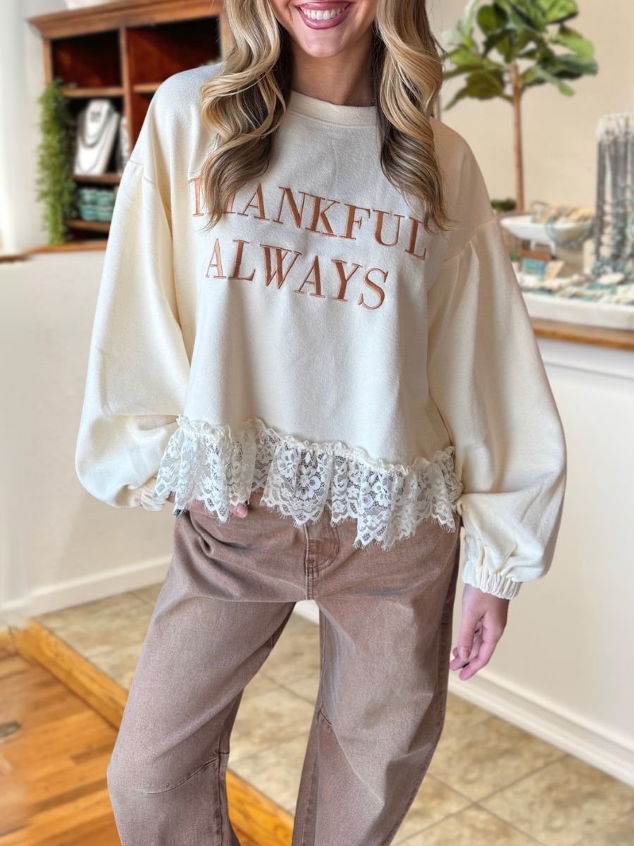 THANKFUL ALWAYS Embroidered Lace Pullover