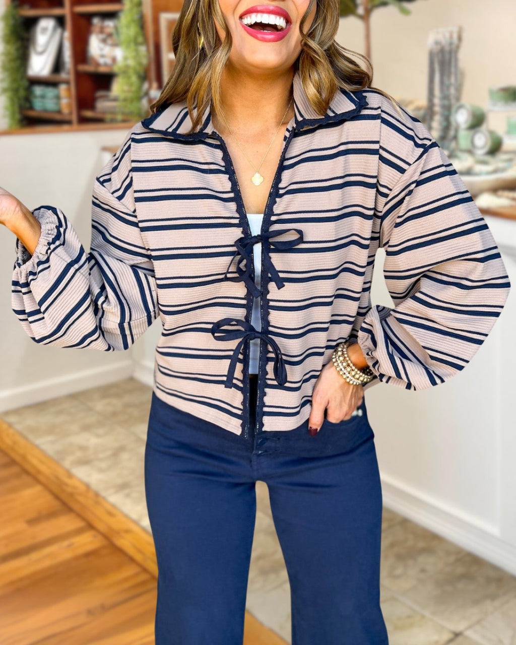 Fun Striped Collared Self Tie Cardigan