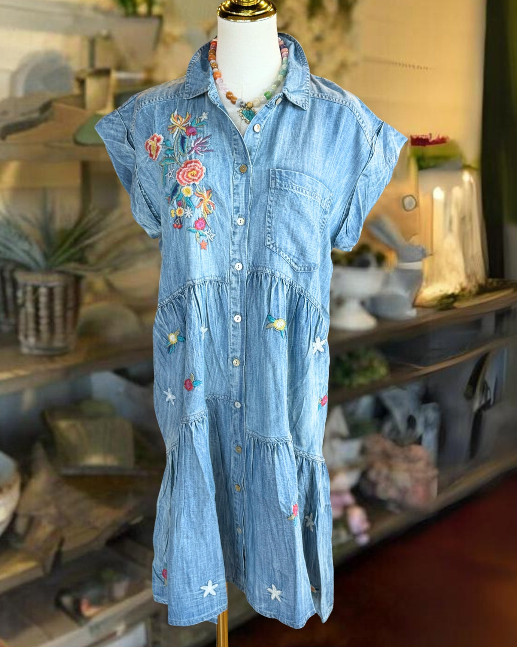 Floral Embroidered Denim Shirt Dress