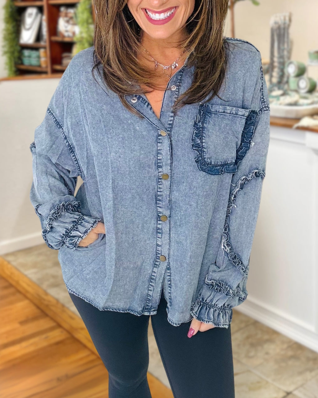 Playful Ruffle Accent Denim Shirt