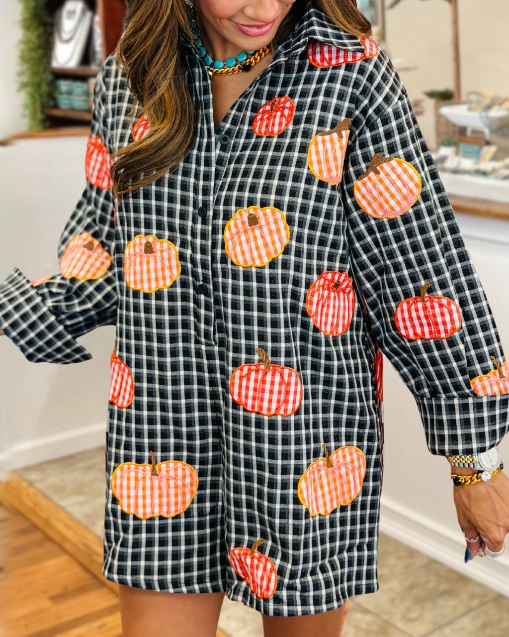 Pumpkin Sequined Plaid Jumpsuit
