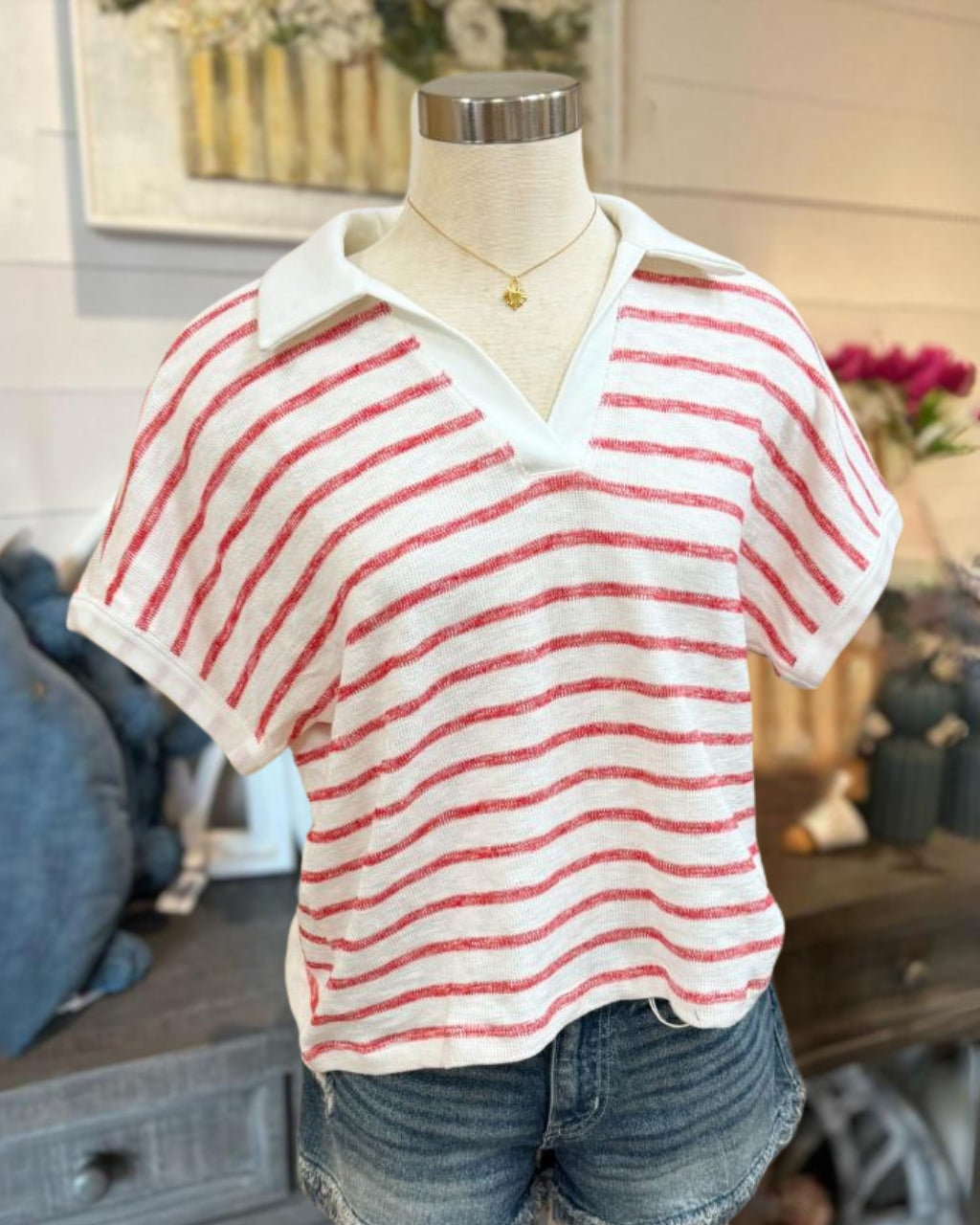 Distressed Striped V-Neck Top