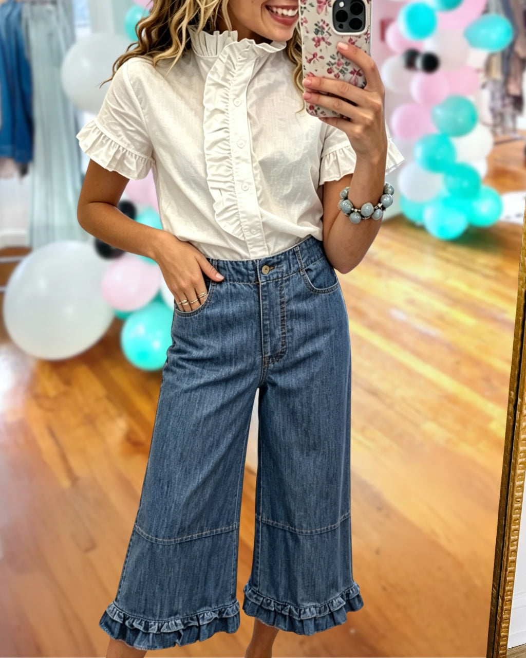 Stylish Ruffled-Hem Denim Pants
