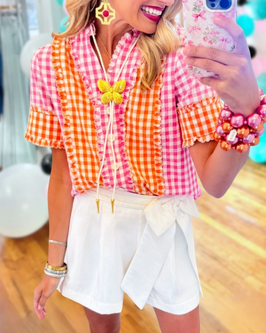 Ruffled Trim Plaid Button Top