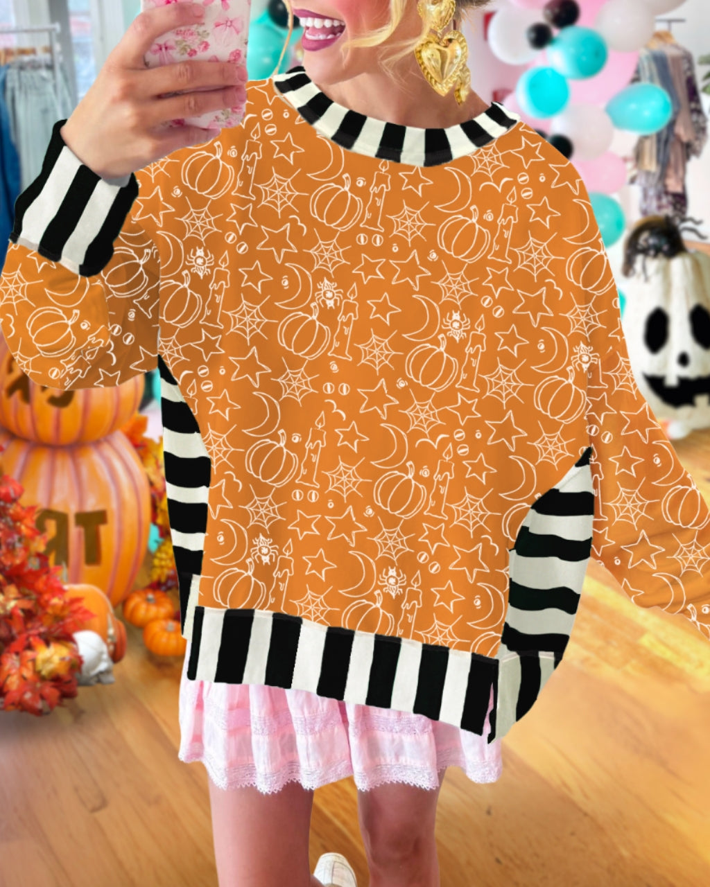 Playful Halloween Sketch Striped Pullover