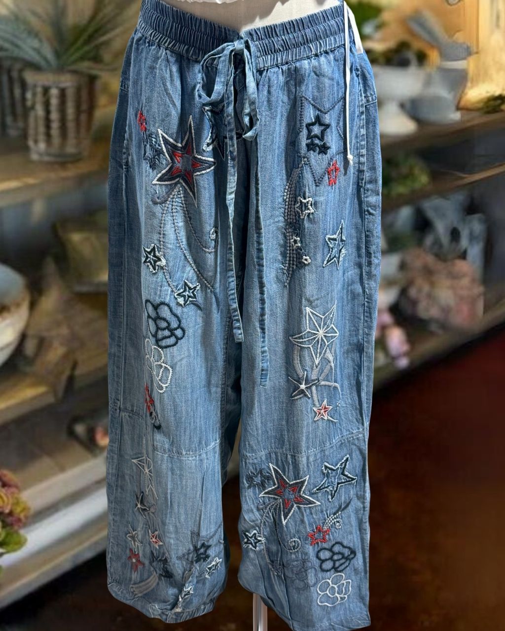 Personalized Star Embroidered Denim Pants