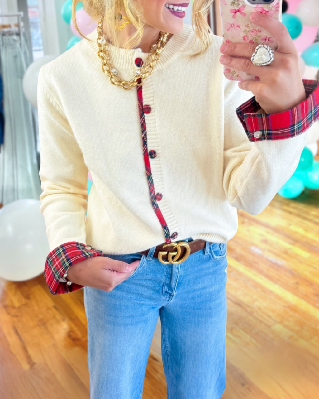 Whimsical Plaid Trimmed Button Cardigan