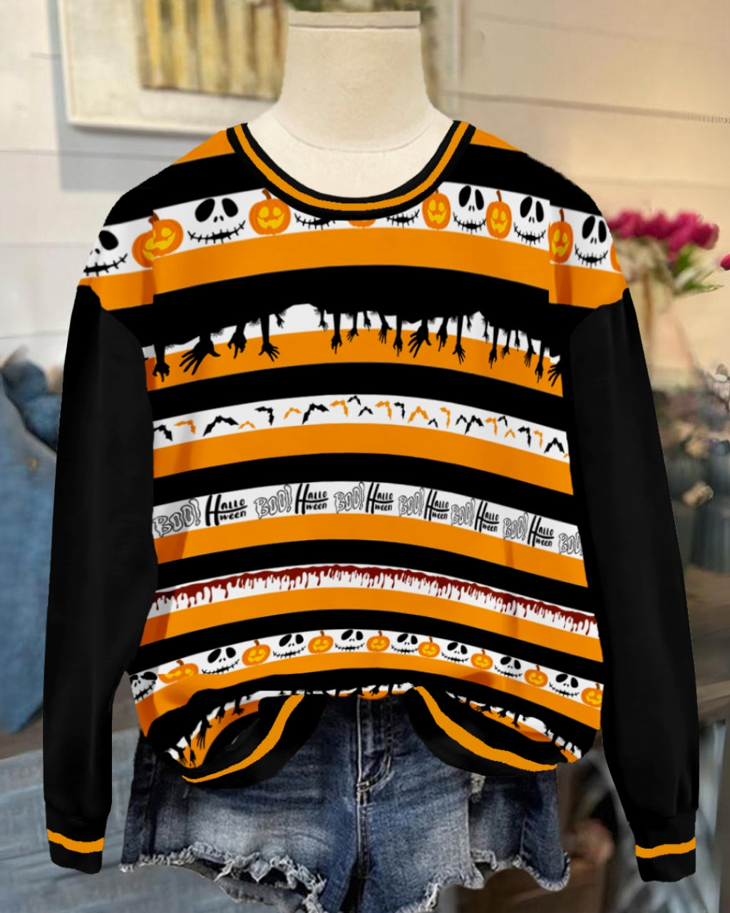 Halloween Fun Striped Graphic Sweatshirt