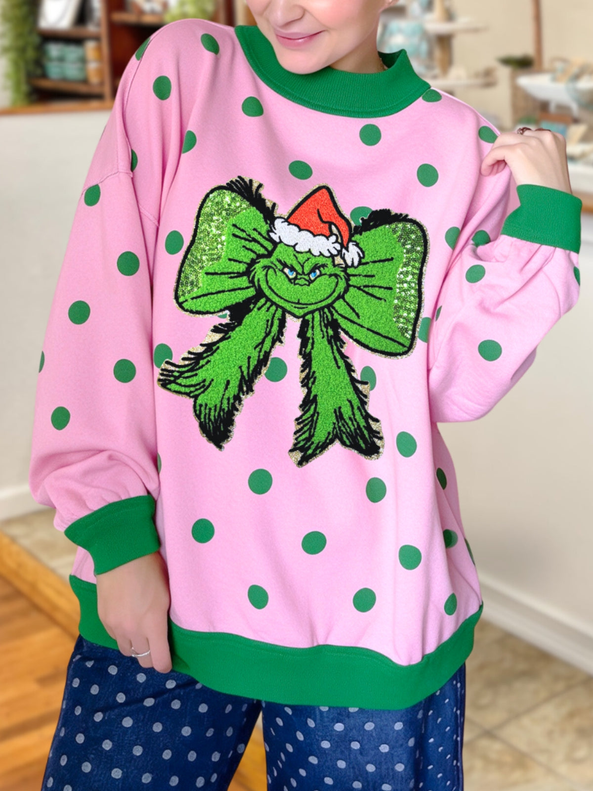 Grinch Bow Sequined Pullover