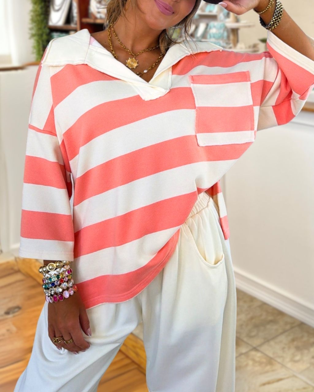 Oversized Striped Three-quarter Sleeve Top