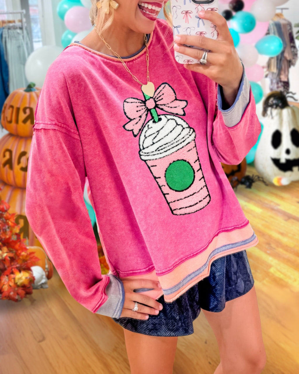 Harvest Season PSL Embroidered Bow Latte Washed Pullover