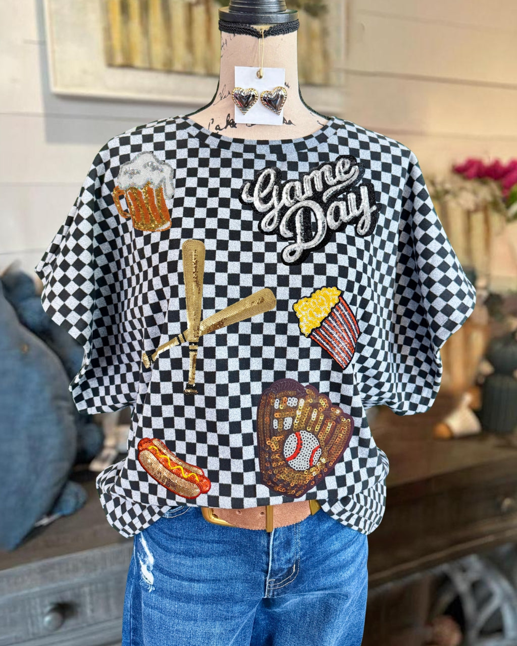 Baseball Carnival Sequin Checkered Top