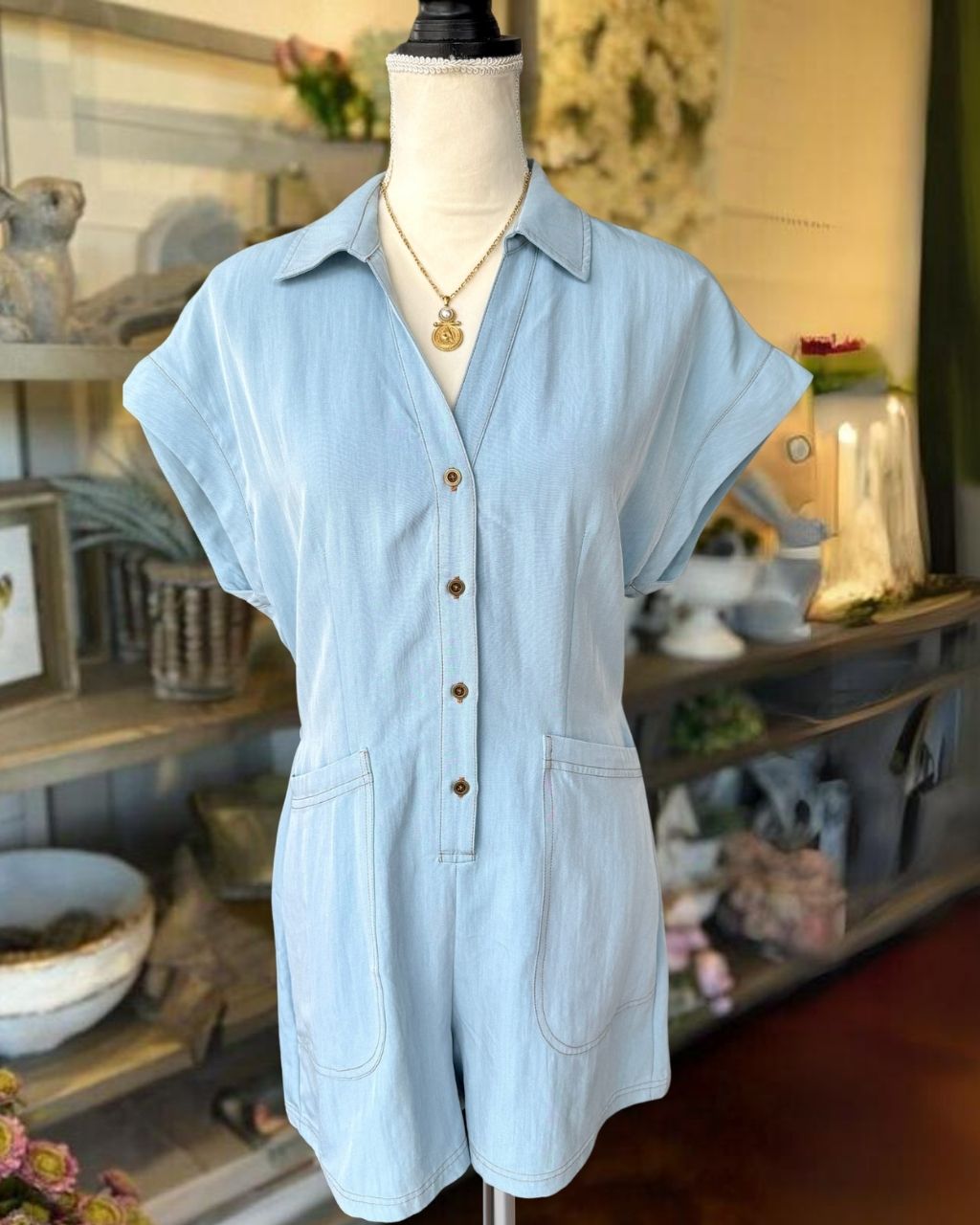 Simple Front-Button Denim Jumpsuit