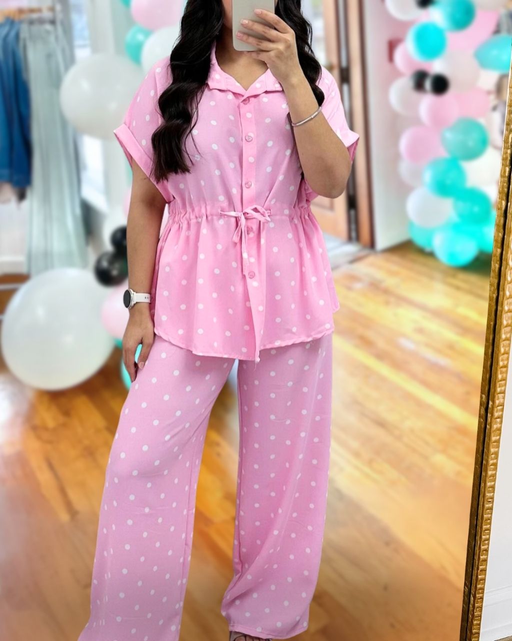 Polka Dot Fitted Waist Shirt Set