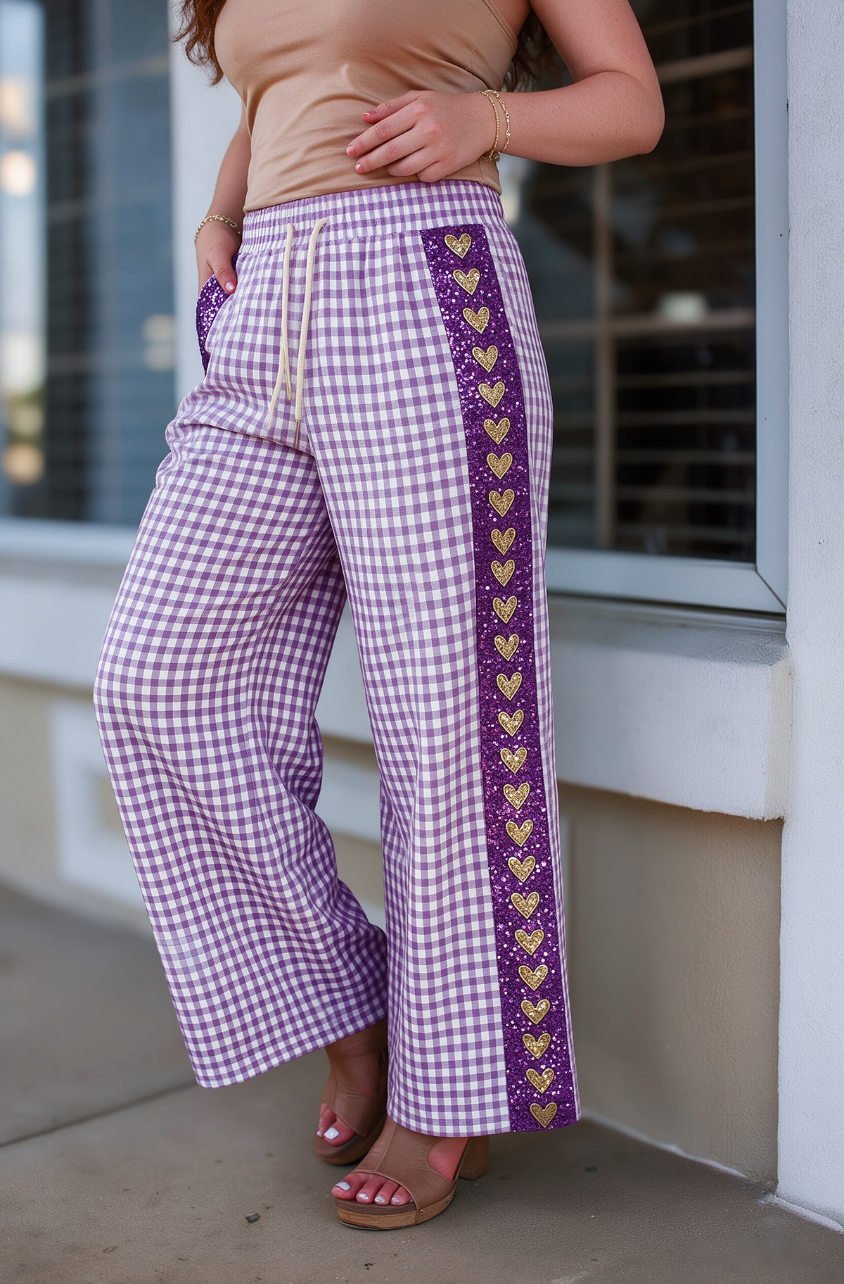 Heart Sequined Plaid Pants