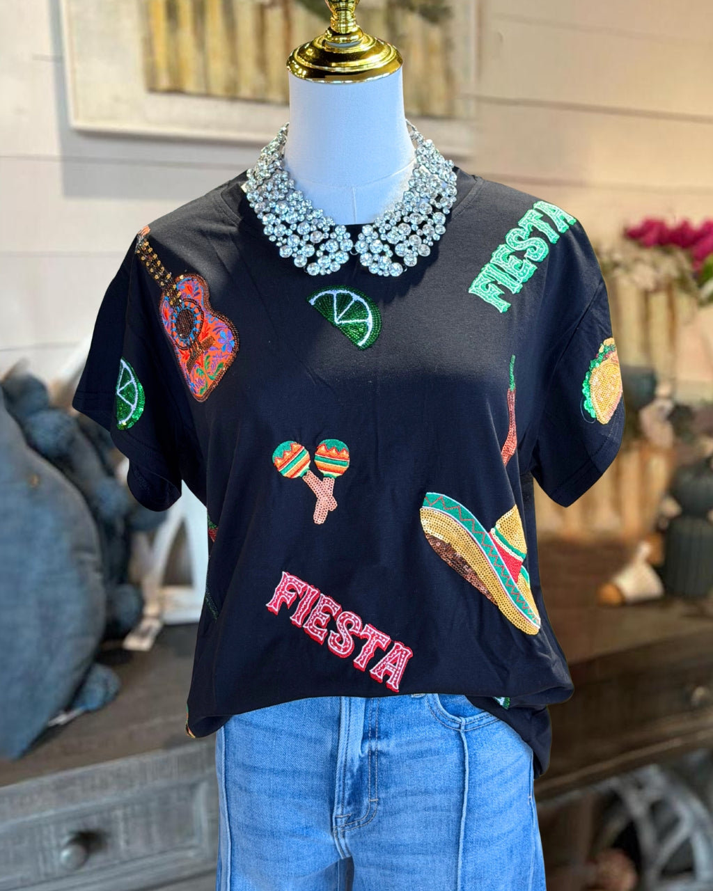 Mexican Festival Embroidered Sequin Tee