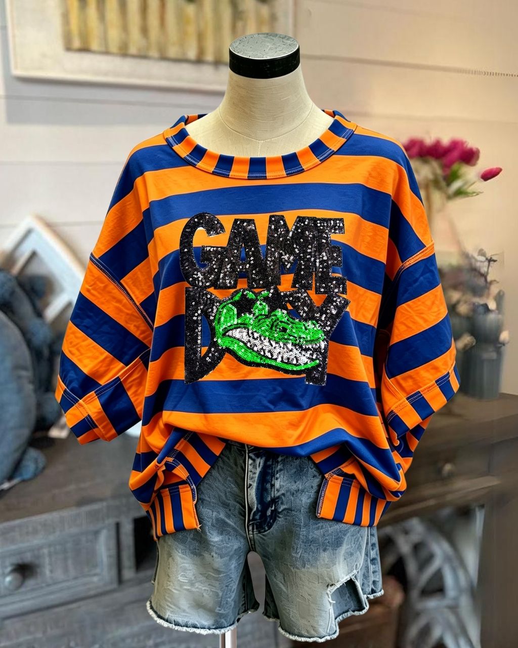 Game Day Crocodile Sequined Stripe T-Shirt