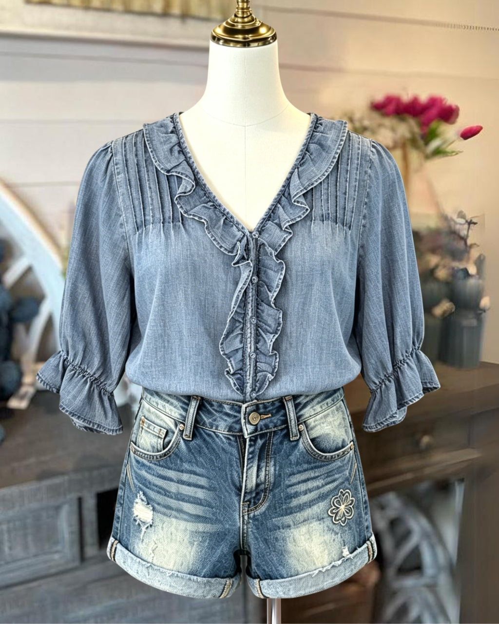 Ruffled Pleated V-Neck Denim Top