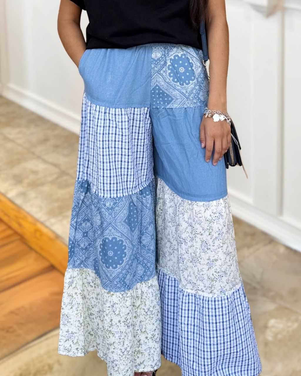 Patchwork Floral Plaid Wide-leg Pants